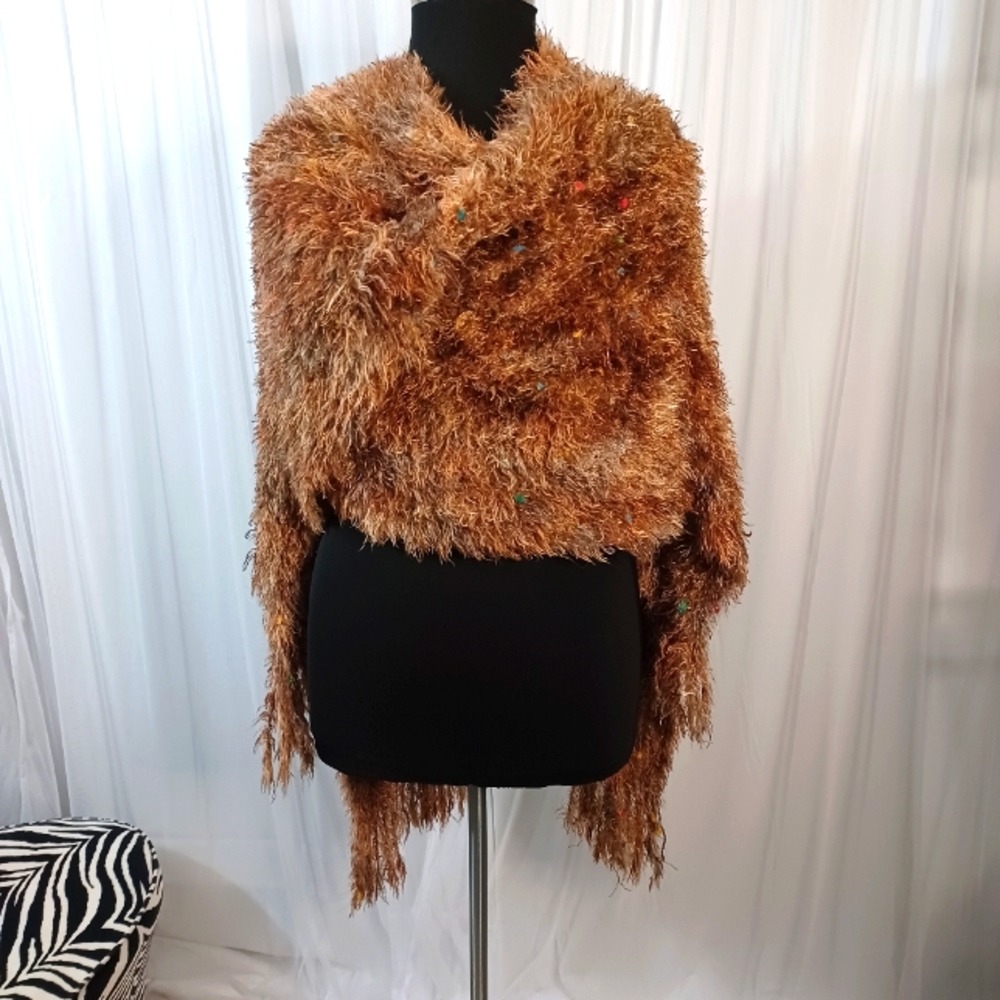 Versatile Open Face Shaggy Furry Wrap/Shawl Brown Multicolored
